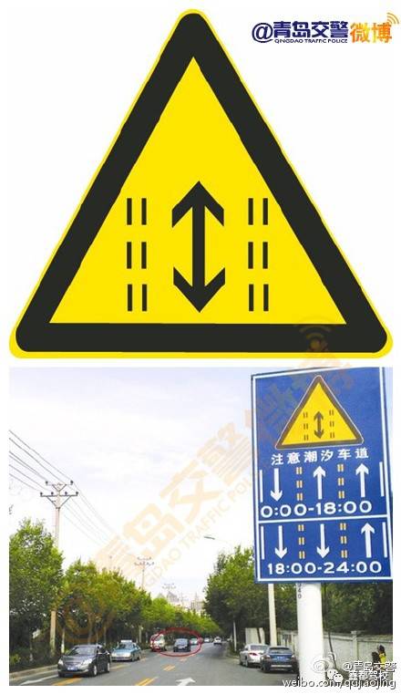 潮汐车道(可改变车辆行驶方向车道,通俗名备用车道)标志及标线