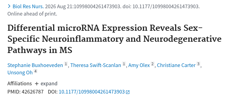 PubMed：Differential microRNA Expression Reveals Sex-Specific Neuroinflammatory and Neurodegenerative Pathways in MS.（PMID 42626787）