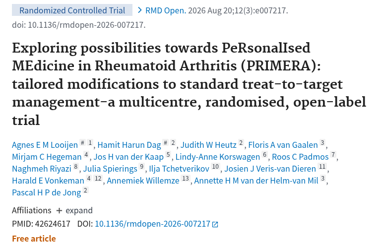 PubMed：Exploring possibilities towards PeRsonalIsed MEdicine in Rheumatoid Arthritis (PRIMERA): tailored modifications to standard treat-to-target management-a multicentre, randomised, open-label trial.（PMID 42624617）