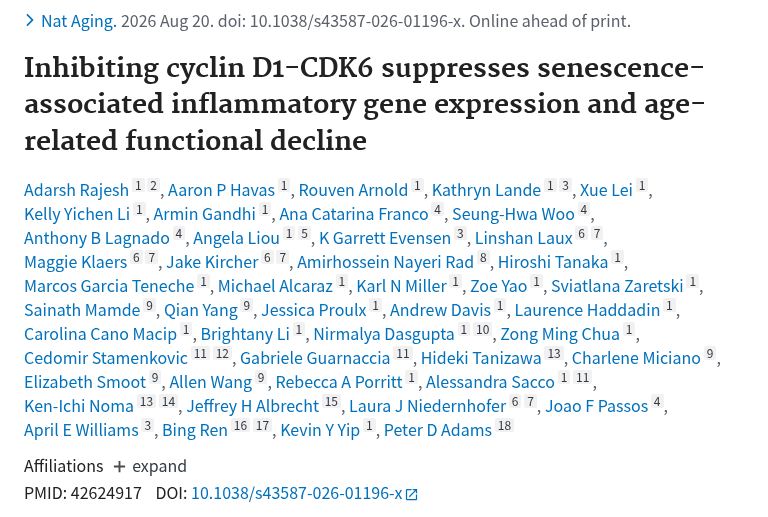 PubMed：Inhibiting cyclin D1-CDK6 suppresses senescence-associated inflammatory gene expression and age-related functional decline.（PMID 42624917）