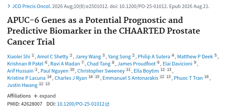 PubMed：APUC-6 Genes as a Potential Prognostic and Predictive Biomarker in the CHAARTED Prostate Cancer Trial.（PMID 42628007）