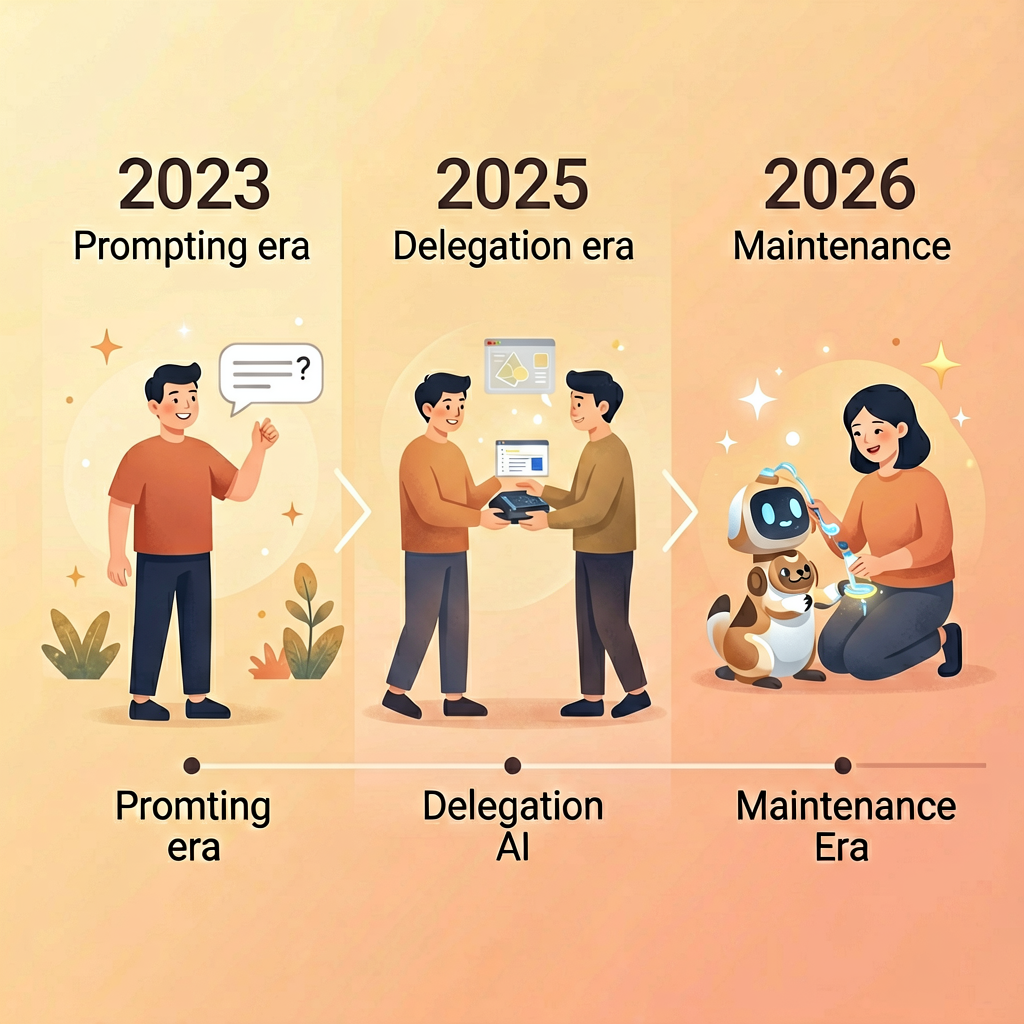 时间线：2023年Prompting → 2025年Delegation → 2026年Maintenance，每阶段技能升级