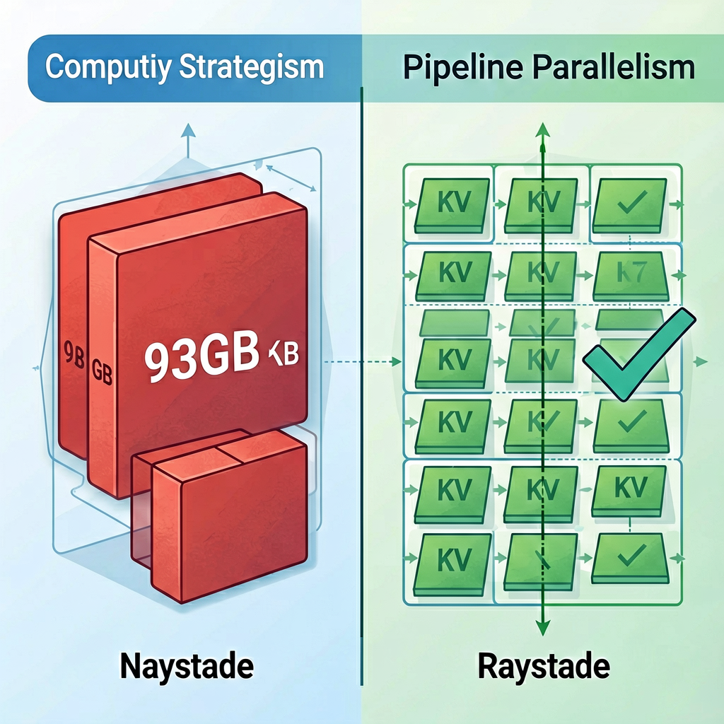Tensor vs Pipeline并行策略对比：左侧是所有节点拷贝93GB KV cache，右侧是KV按层拆分
