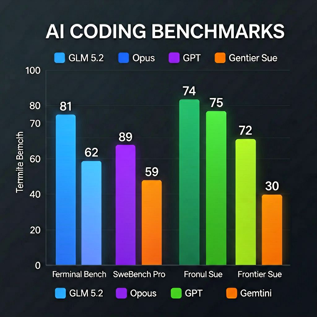 GLM 5.2 vs Opus vs GPT vs Gemini 多维度基准测试对比柱状图
