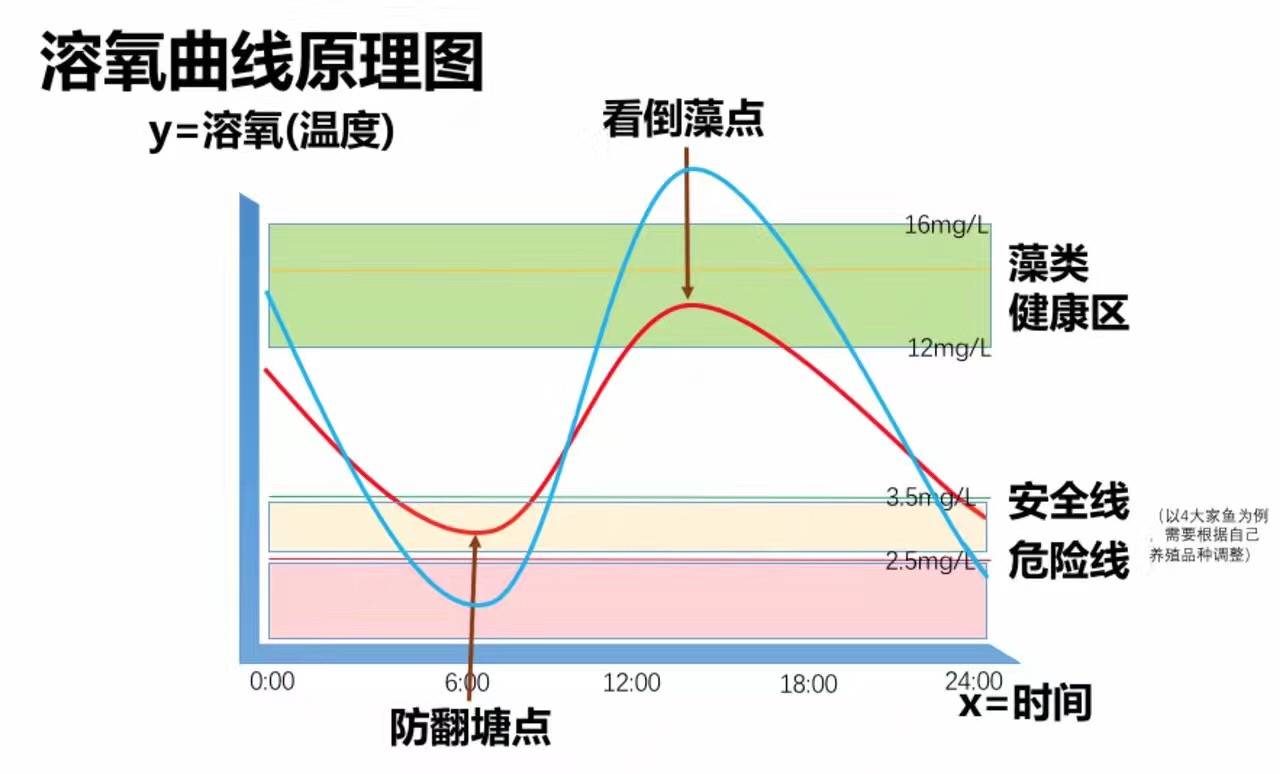 为什么? 1,蓝色曲线,中午严重超过藻类健康区,说明很可能即将倒藻.