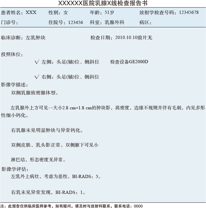 中国抗癌协会乳腺癌诊治指南与规范:常规乳腺x线检查和报告规范