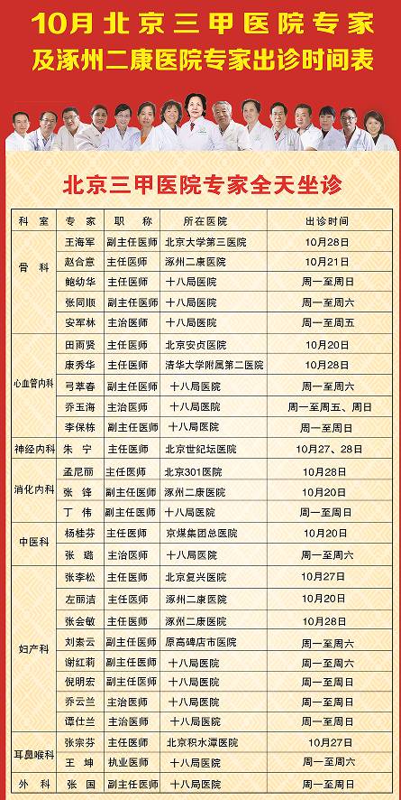 【在线预约】10月北京三甲医院及涿州二康医院专家来院坐诊时间表