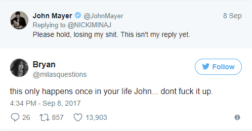 尴尬!囧妹John Mayer和麻辣鸡Nicki Minaj在推特上互撩!