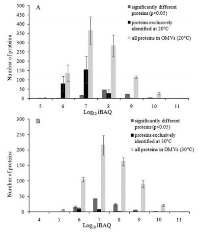 图2. 20℃和30℃培养条件下罗尼氏弧菌OMVs丰度分布