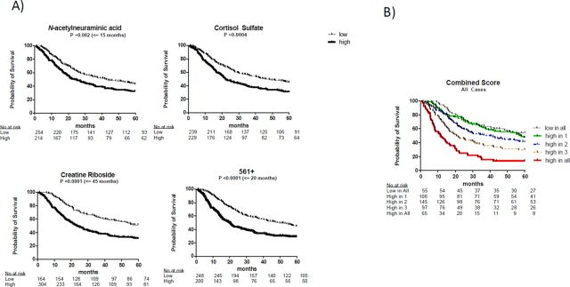 Kaplan-Meier survival estimates in the training set are depicted for the top four predictive metabolites