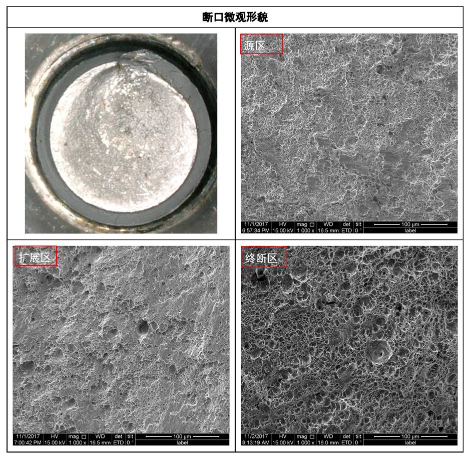 微观断口分析可知,断面可见剪切拉长韧窝,扩展区为拉长韧窝,终断区为