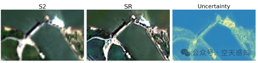 基于真实S2输入的SR结果所提供的不确定性产品示例。不确定性值以从蓝色（低）到红色（高）的尺度进行可视化，拉伸至标准偏差的最小-最大范围。