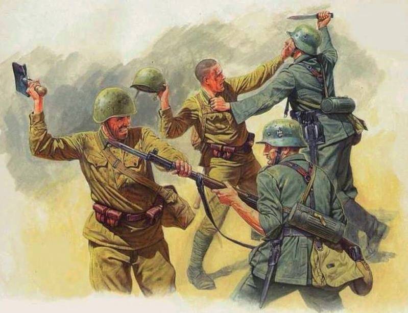 二战中苏联士兵挥舞着工兵铲与德军肉搏