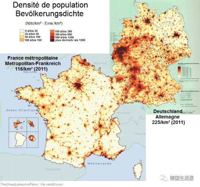 德国和法国的人口密度比较(颜色越深,人口密度越大,左图法国,右图德国