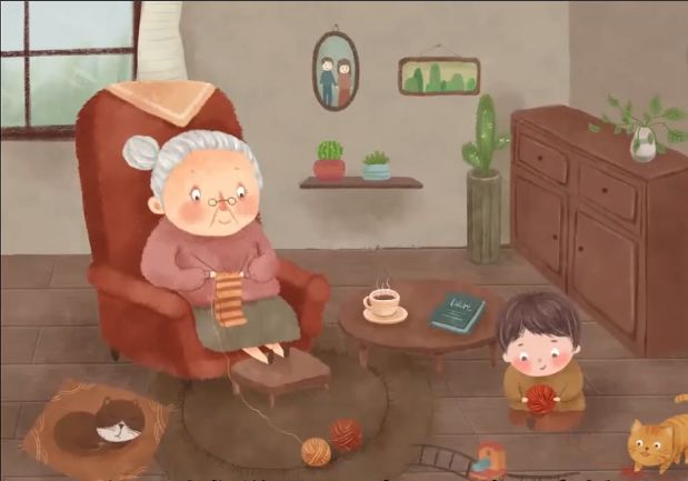 孩子们和小动物一起生活在森林里,老奶奶坐在木屋的摇椅上织毛衣,脚边