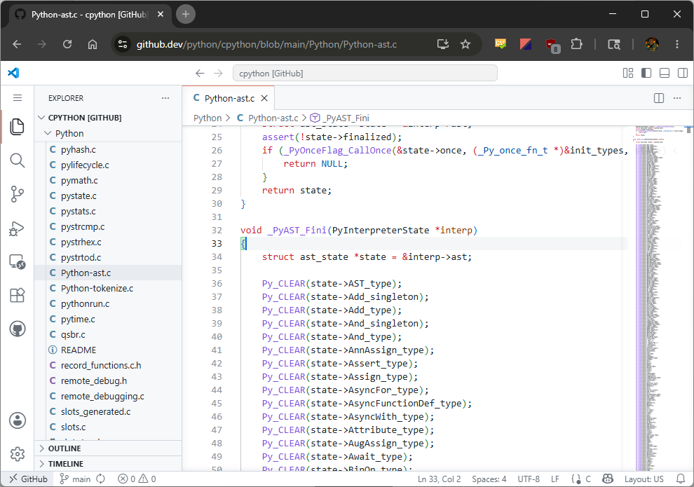 在 github.dev（VSCode Web 界面）中打开的 CPython 文件