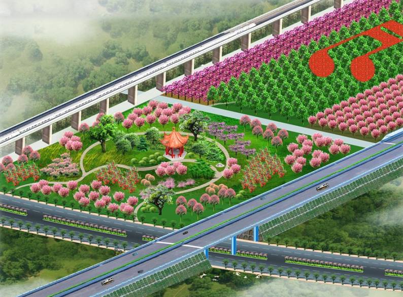 (东城区"树阵花海"生态廊道建设项目新兴路海棠园鸟瞰图)