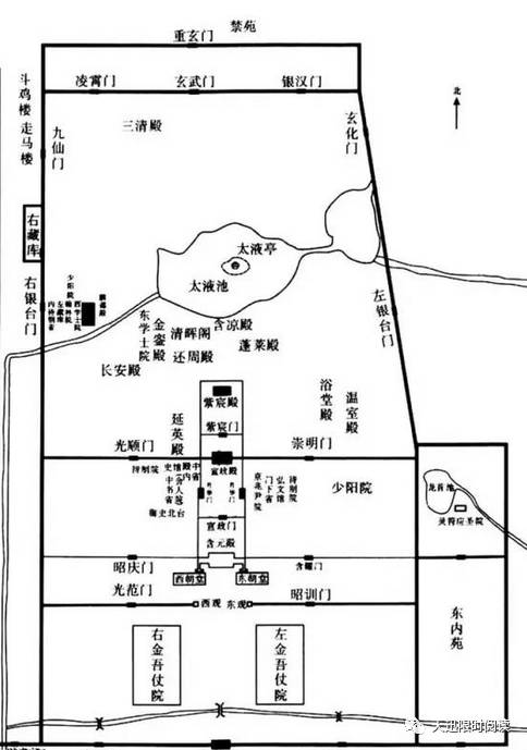 大明宫主殿含元殿建于龙首原上,前有长达75m的龙尾道.