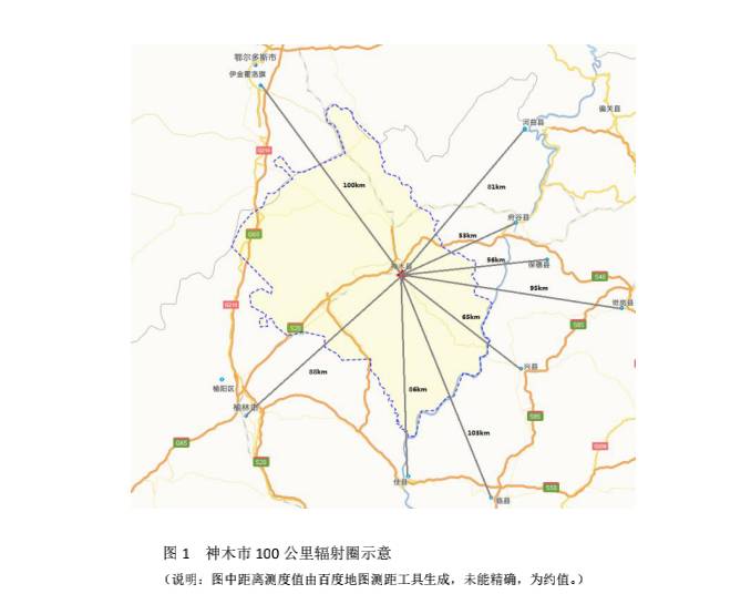 如图 1 所示,神木 100 公里辐射圈内的地级市(县)包括鄂尔多斯市(伊金图片