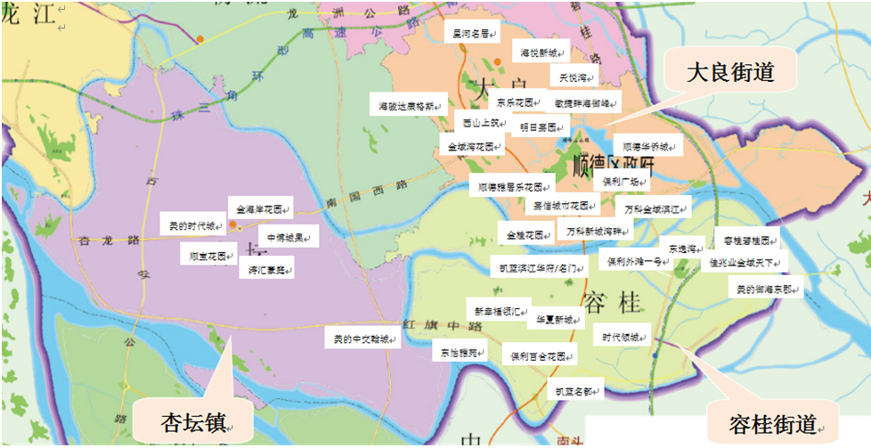 附市调区域板块图及部分楼盘图:本次市调主要分为大良街道,容桂街道及