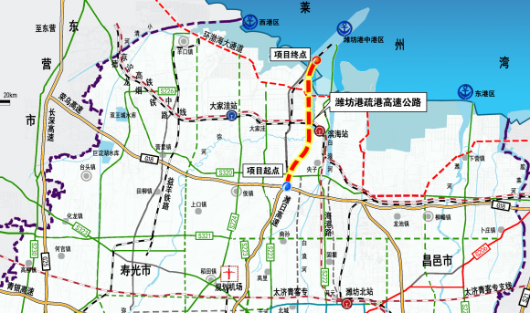 潍坊至日照高速公路潍坊连接线新建双向四车道高速公路,线路起荣潍