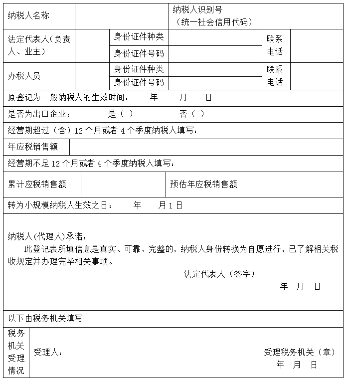 一般纳税人转为小规模纳税人登记表