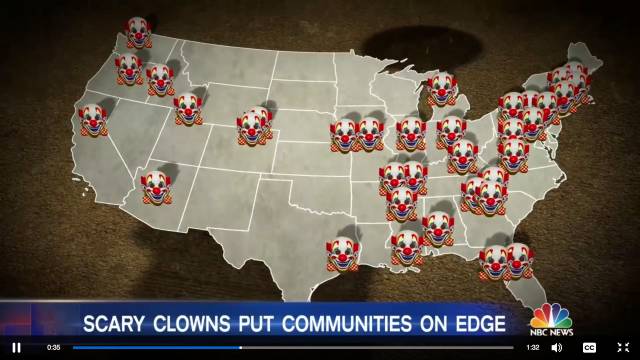 (美国发生小丑袭击事件地图。截图自NBC News，版权属原作者所有。)