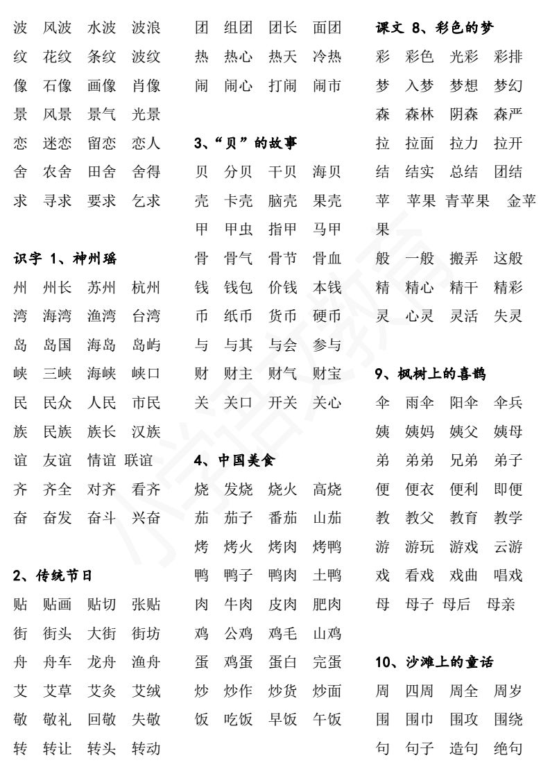 部编版二年级语文下册识字表,写字表组词(可打印下载)