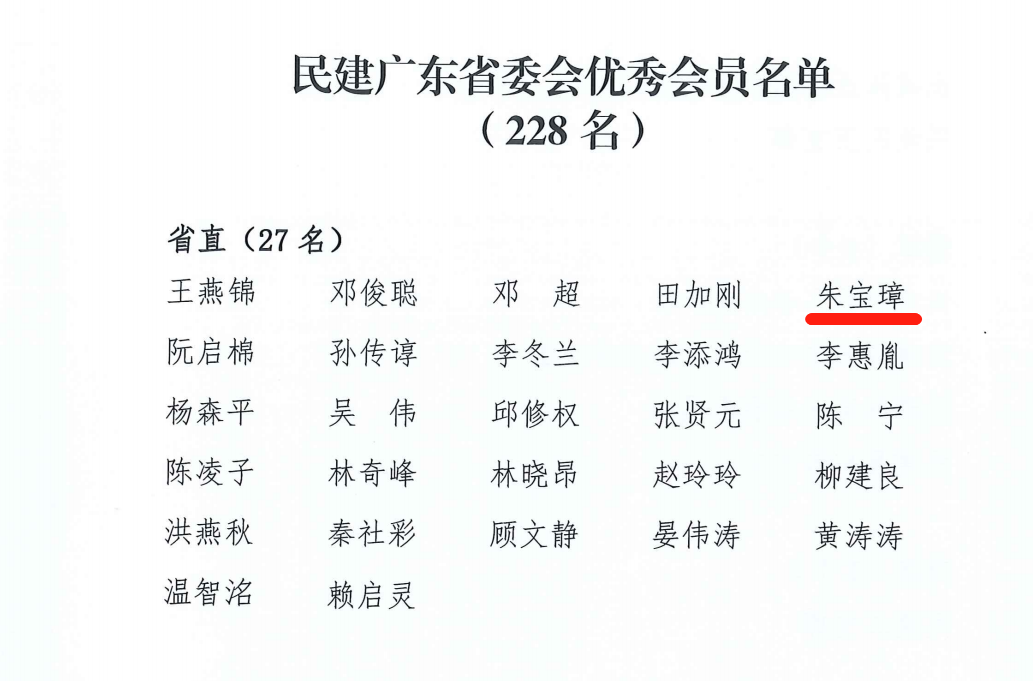 华南理工大学民建会员朱宝璋老师获民建广东省委会优秀会员荣誉称号