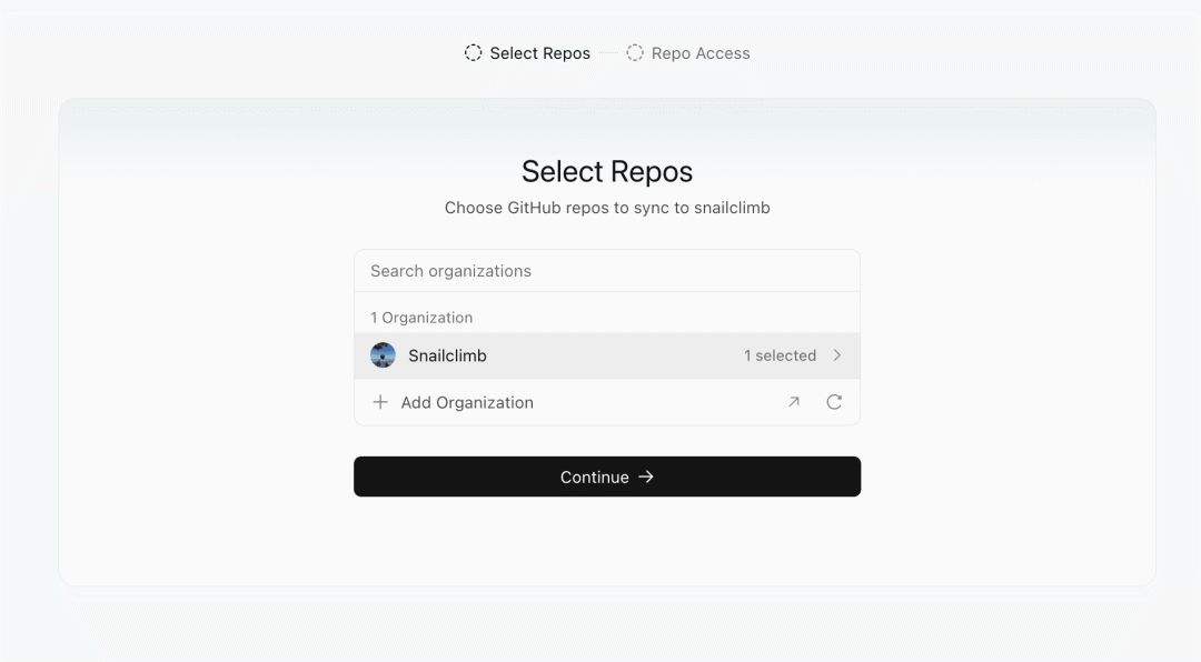 Origin 的 GitHub 组织和仓库选择页面