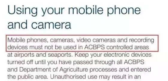 别在澳大利亚机场禁区拍照或打电话，会被罚款甚至要遣返！