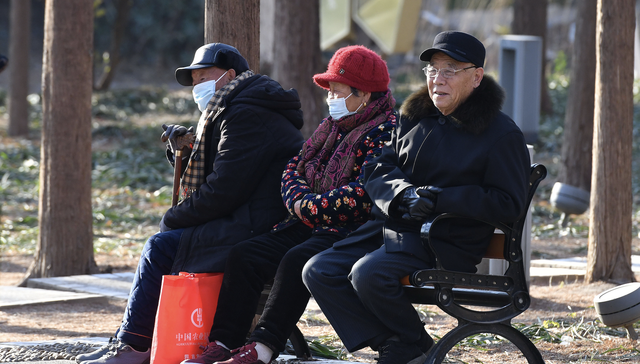 2025年1月16日，安徽省阜阳市，老年人聚在林带路公园聊天、晒太阳。图片来源：CFP