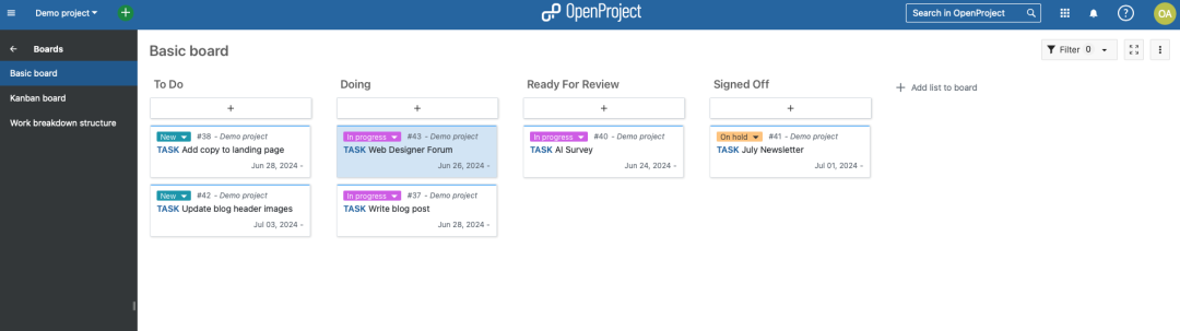 Screenshot of Basic board view on OpenProject