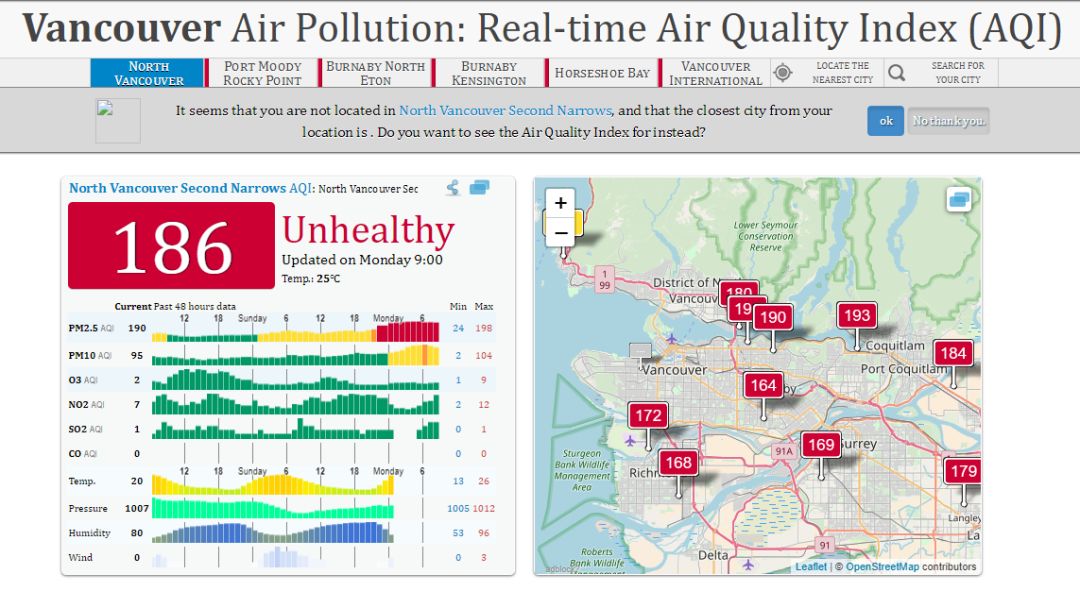 多图！大温雾霾史上最严重！YVR机场停飞 PM2.5值爆表！全省550处山火爆发