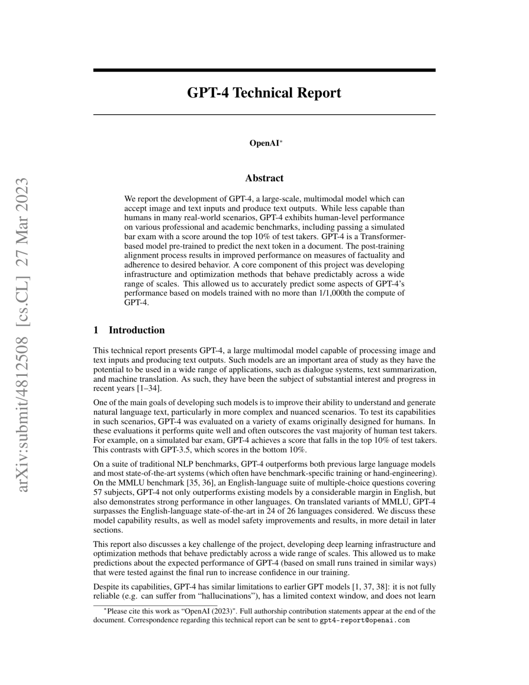 GPT-4 技术报告首页
