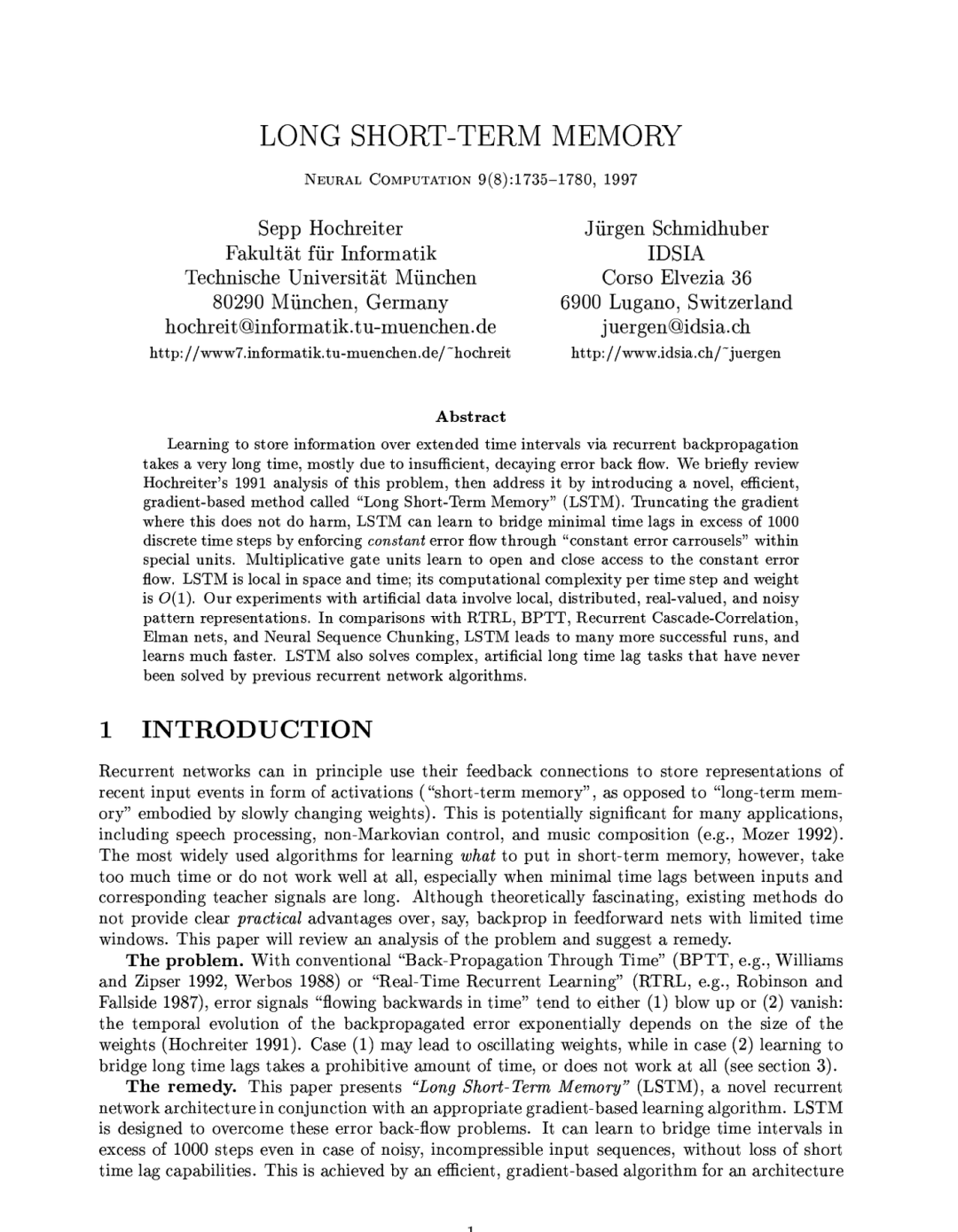 LSTM 1997 论文页面