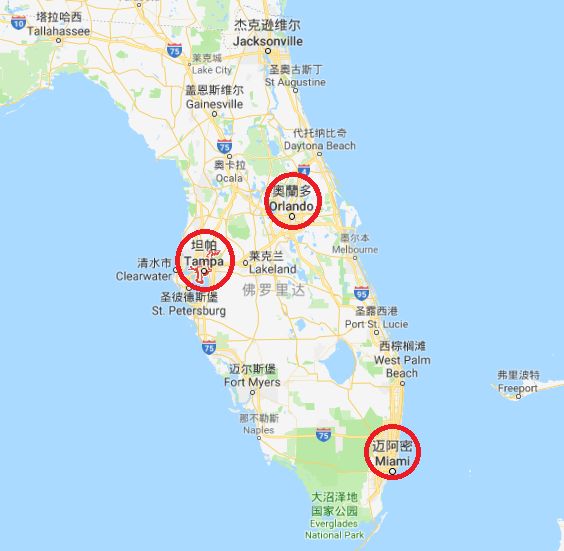 坦帕,奥兰多,迈阿密在佛州的位置,沿着4号公路,约1.