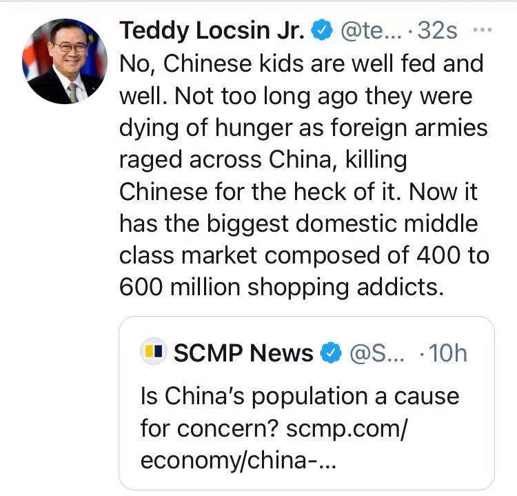 刚刚，菲律宾外长发推：不久前外国军队还在肆虐中国，如今中国已经有了最大的中产阶层市场