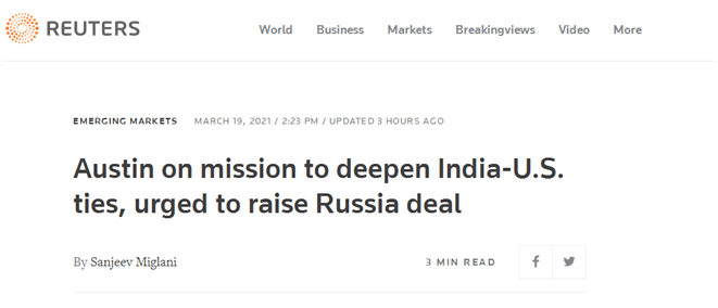 首访印度遇难题?美防长收到议员的要求：告诉印度，买俄制防空导弹系统将被制裁