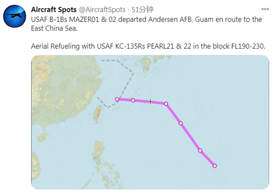 最新！美军两架B-1B轰炸机被曝现身东海上空