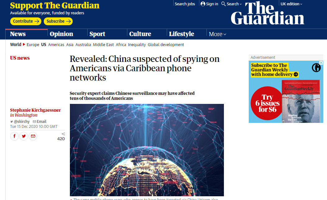 英媒炒作“中国被疑利用手机网络监控美国人”，中企和驻美使馆驳斥