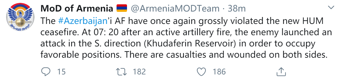 持续开火！亚美尼亚与阿塞拜疆互相指责对方“违反、不遵守停火协议”