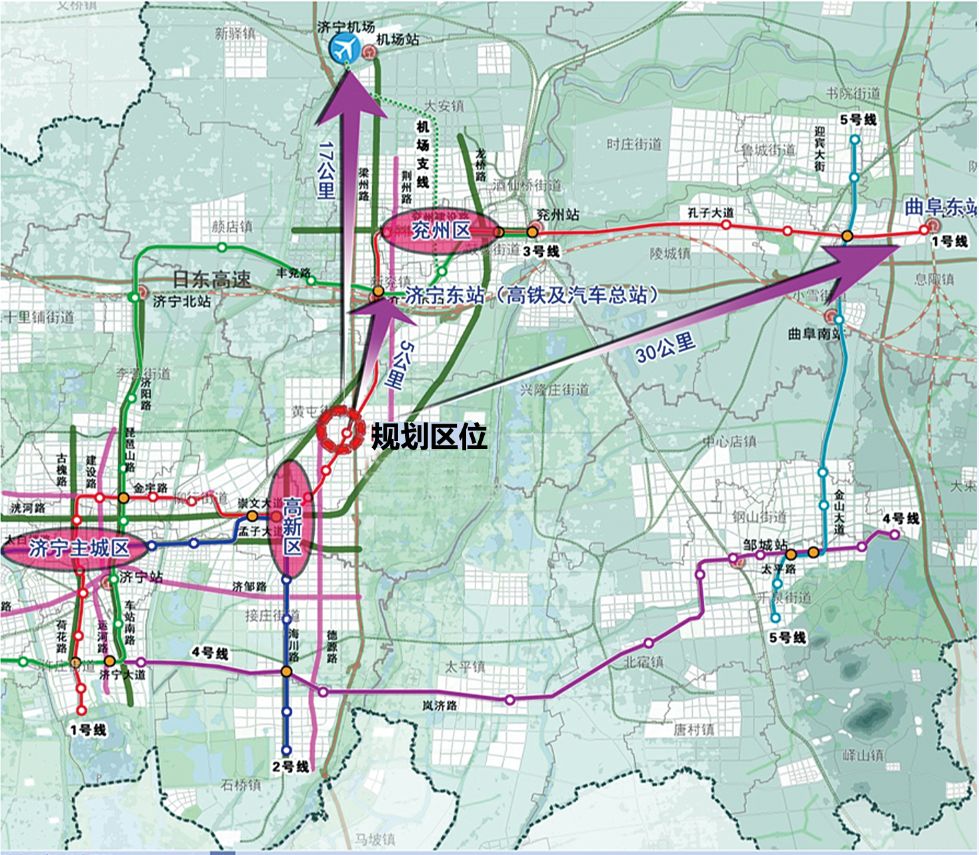 选址距离高铁济宁东站5公里,济宁新机场17公里,日东高速入口7公里.