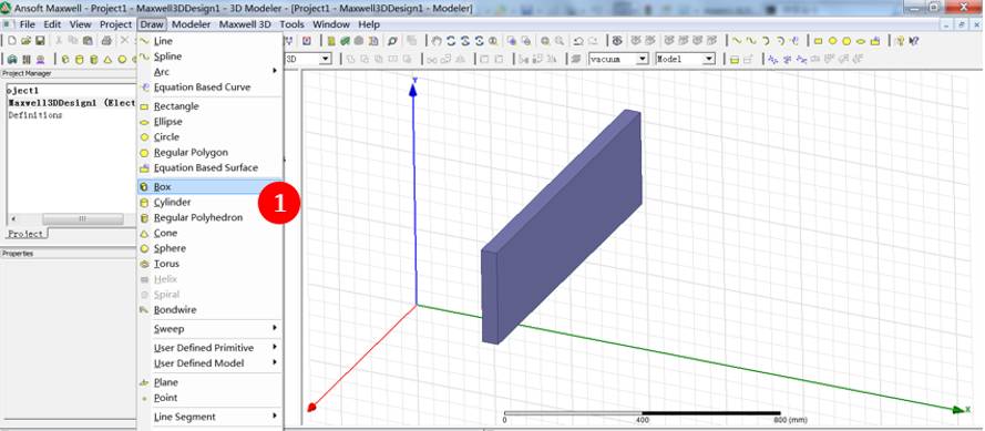在maxwell的菜单中选择draw>box来建立一个长方体模型,模型的长宽厚