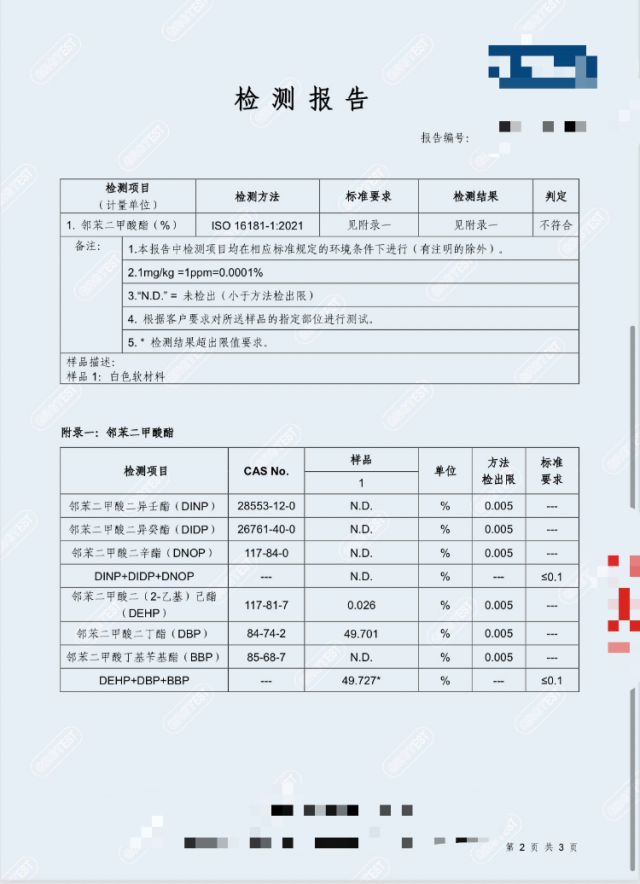 △第三方检测机构检测报告显示，送检样品邻苯超标490余倍。图片来源：深圳市零废弃环保公益事业发展中心