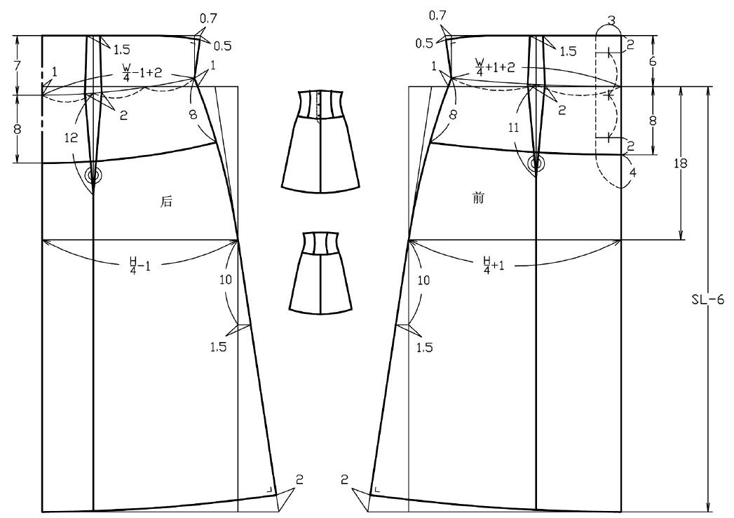 裙子的结构制图方法  高腰分割裙 款式特点 高腰合体,且配有个性育克