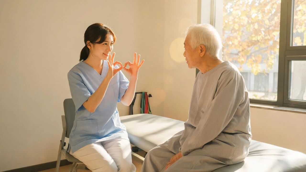 康复治疗师与老年患者面对面坐在治疗床边，治疗师正用手比划一个圆圈的动作，患者专注地看，窗外透进午后暖