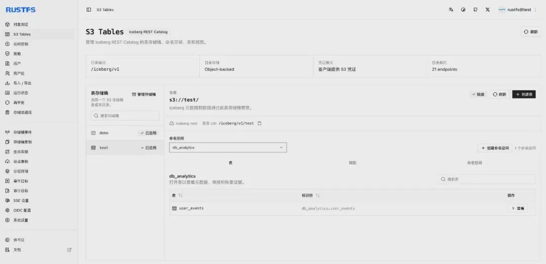 RustFS S3 Table 控制台界面