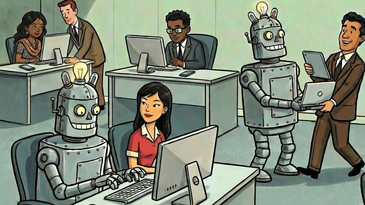 Image 1: Office scene with robots and humans working at desks represents the discussion on AI's impact in the workplace.