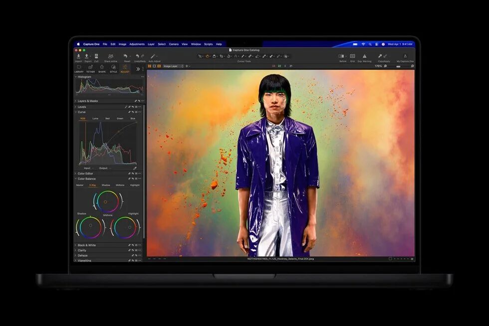 Image 1: The new MacBook Pro is shown open with a Capture One editing screen.